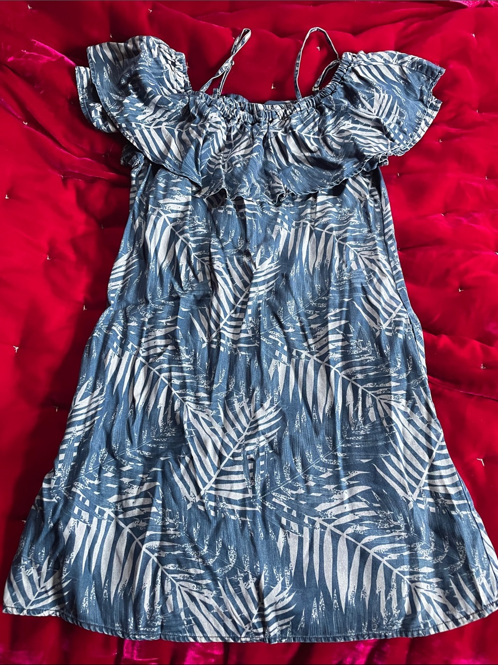 Max Jeans Blue Printed Off-Shoulder, Ruffled Dress